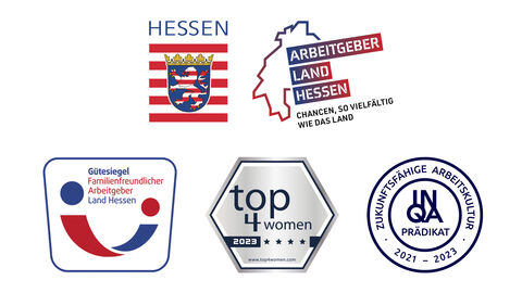 Die Hessische Finanzverwaltung Logos: Hessenlogo, Arbeitgeber Land Hessen, Gütesiegel Familienfreundlicher Arbeitgeber, Top4Women Signet, INQA Prädikat