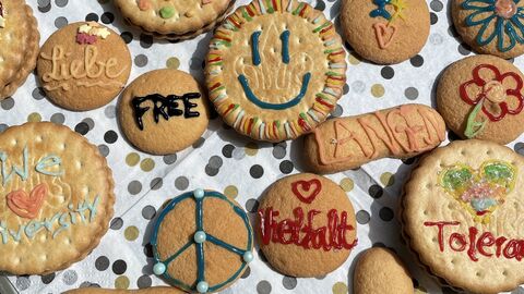 Kekse bemalt mit Sprüchen und Bildern zu Vielfalt